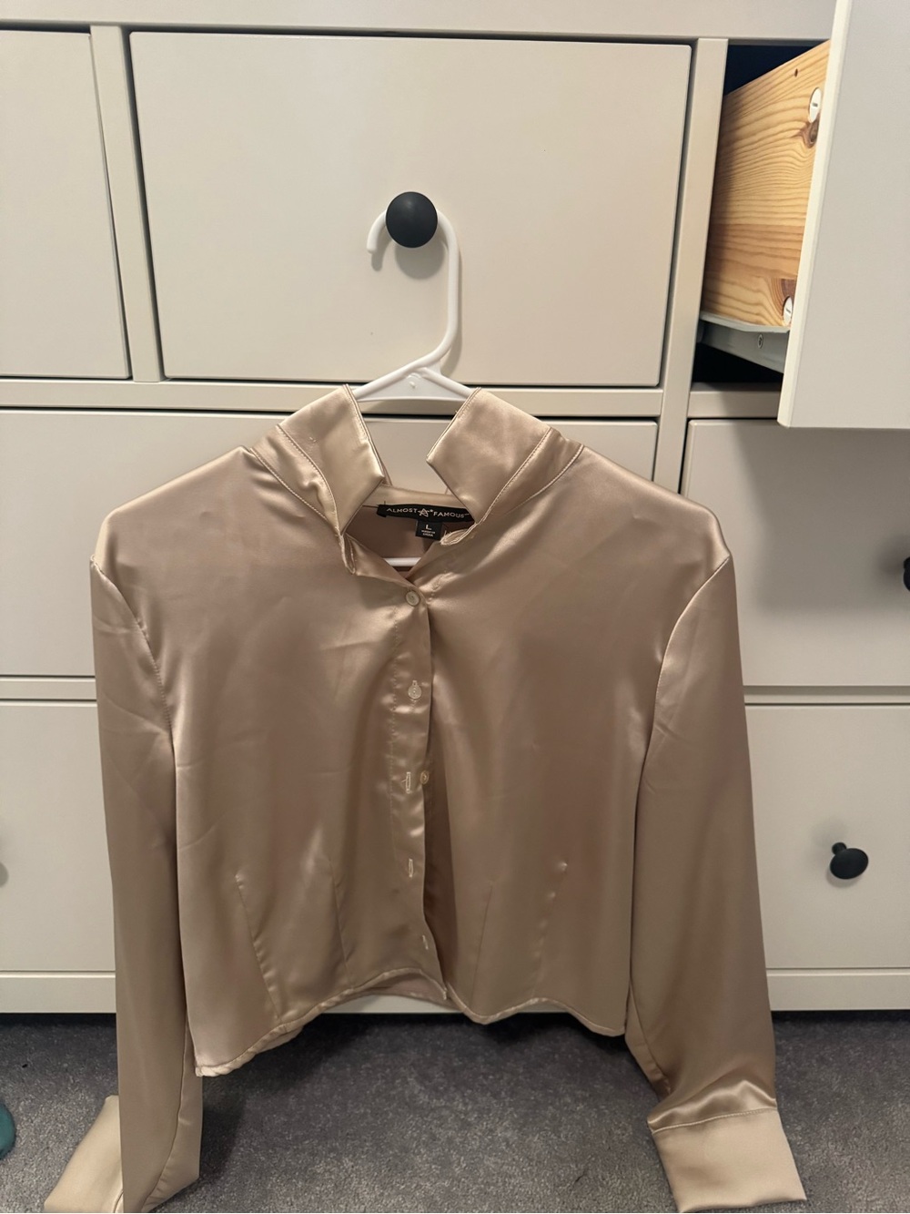 Almost Famous Satin Cropped Button-Front Jacket in Beige